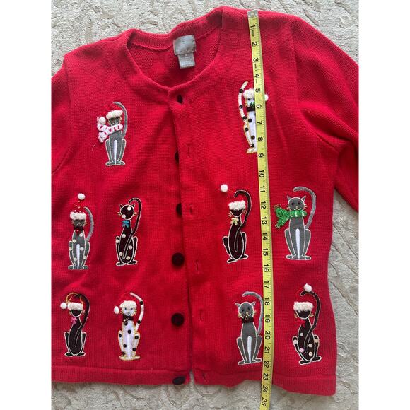 Vintage Cat Holiday Christmas Cardigan Sweater Red Button Front Women’s M - Picture 5 of 8
